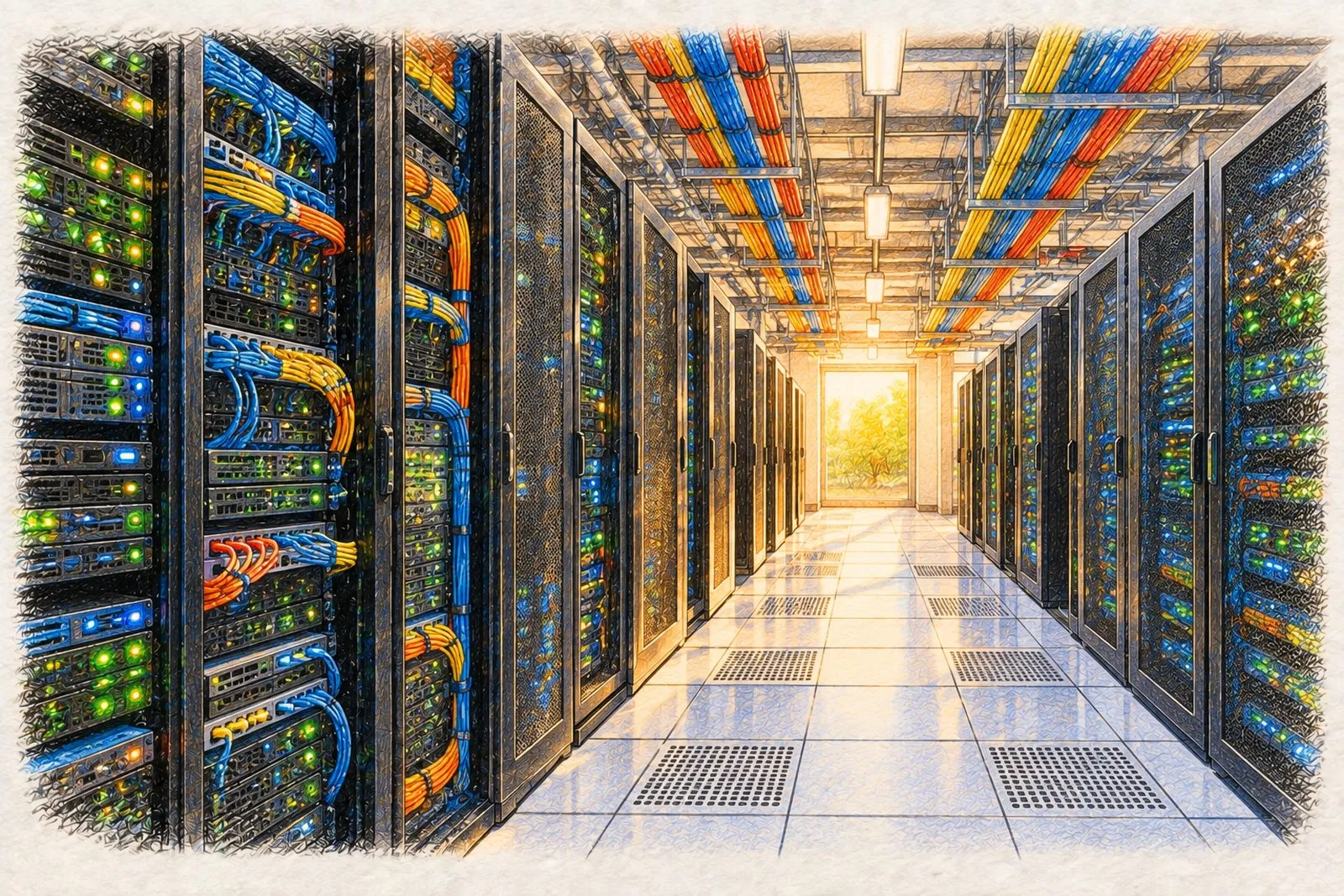A colored pencil drawing of a long data center aisle, server racks with green and blue status lights on both sides and bundles of red, yellow and blue cables running along the ceiling toward a bright doorway