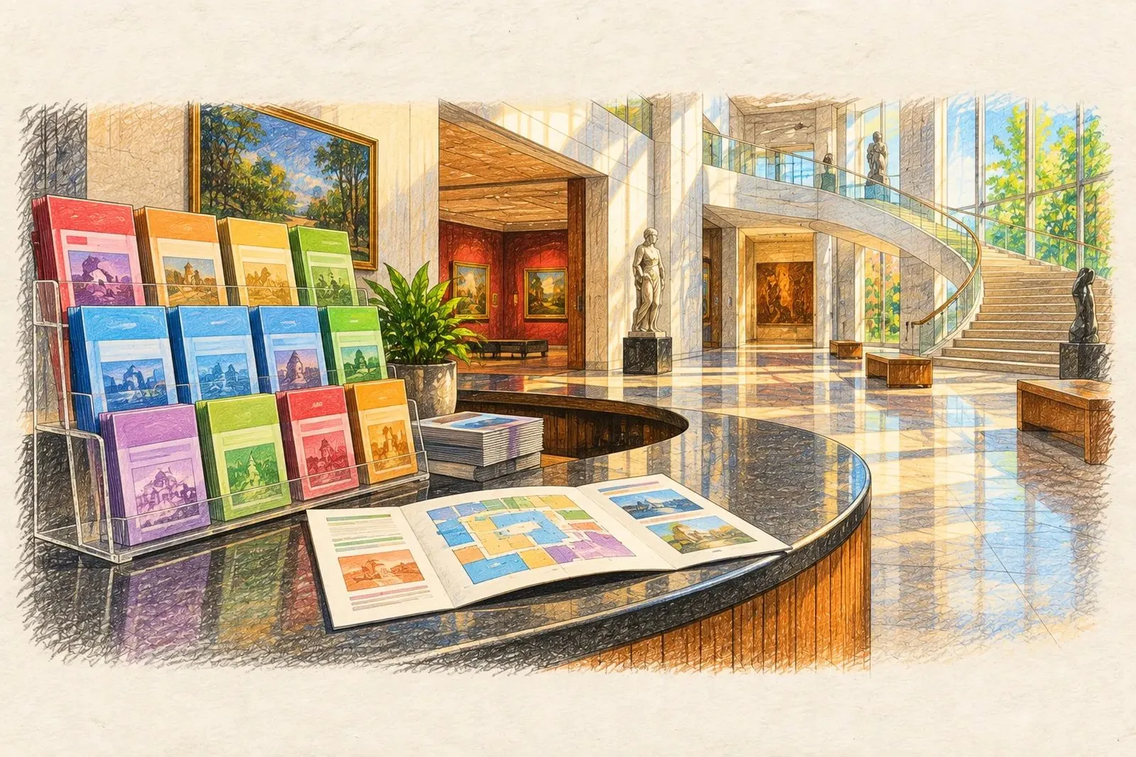 A colored pencil drawing of a museum information counter with a rack of bright one-page visitor guides and one guide unfolded to show a floor plan, galleries and a curved staircase behind