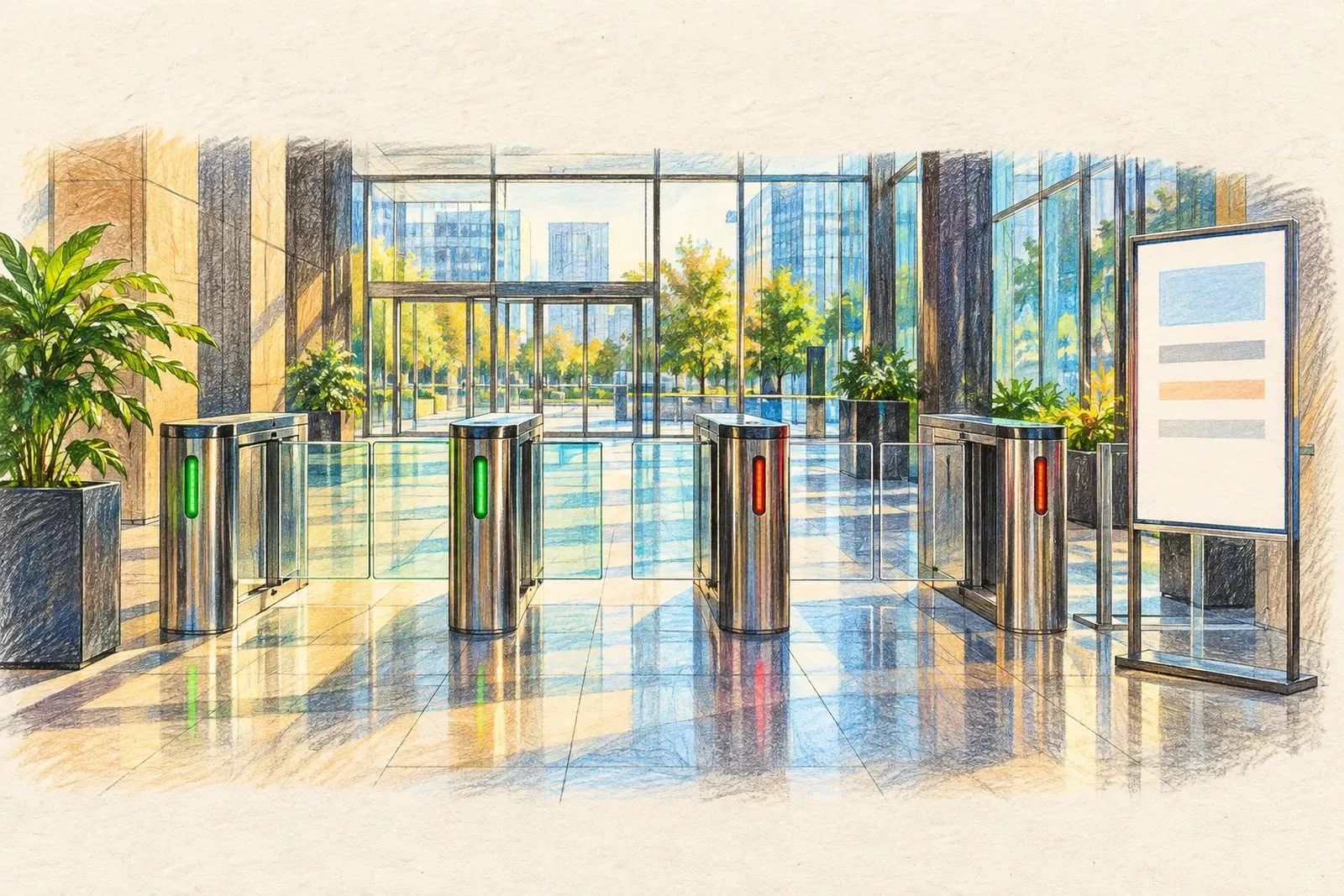 A colored pencil drawing of an office lobby with a row of glass security gates, two lit green and open, two lit red and closed, and a blank noticeboard on a stand beside them