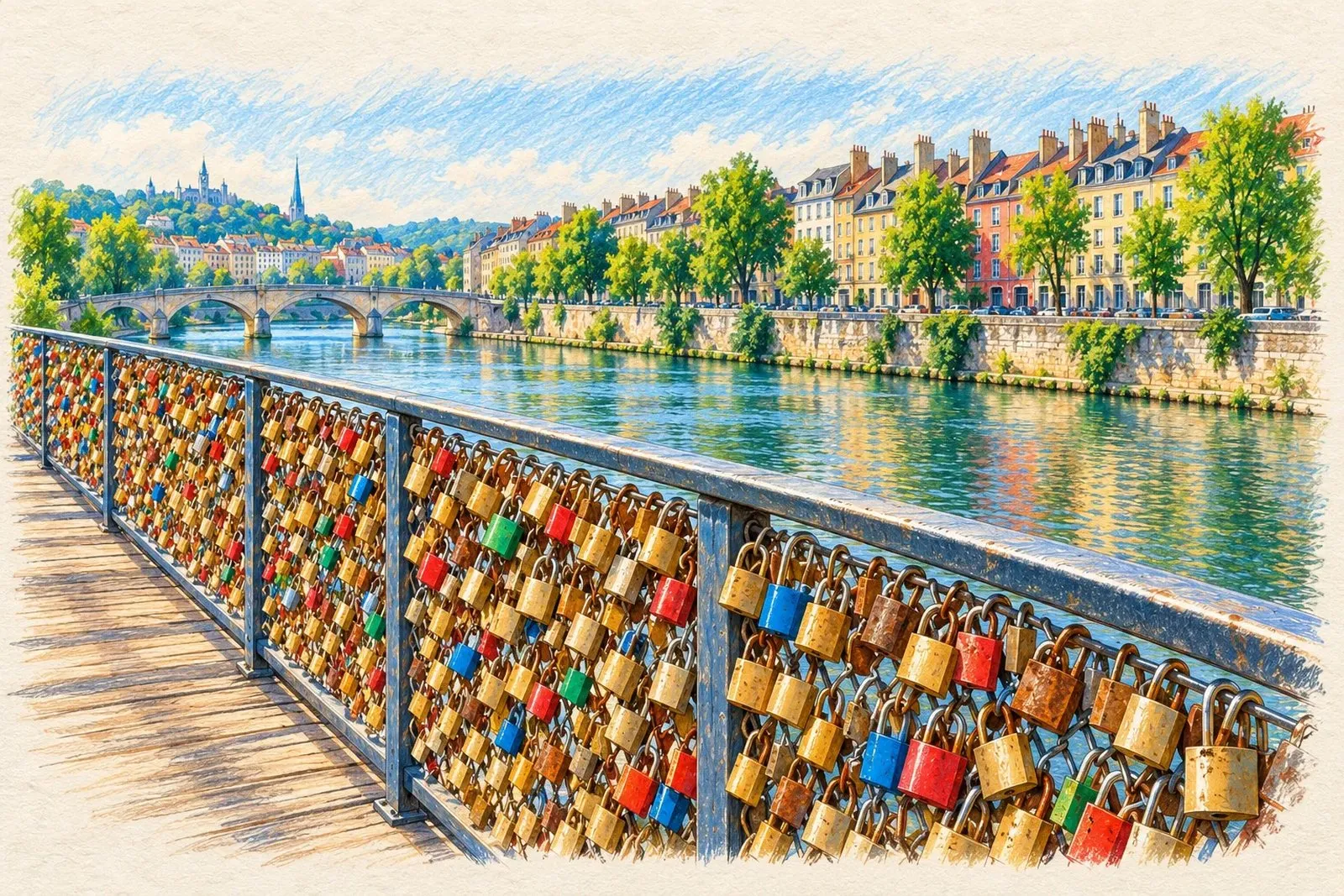 A colored pencil drawing of a footbridge railing over a city river, its wire mesh covered in thousands of padlocks, most of them the same plain brass kind, patches of painted locks among them and a few rusted orange