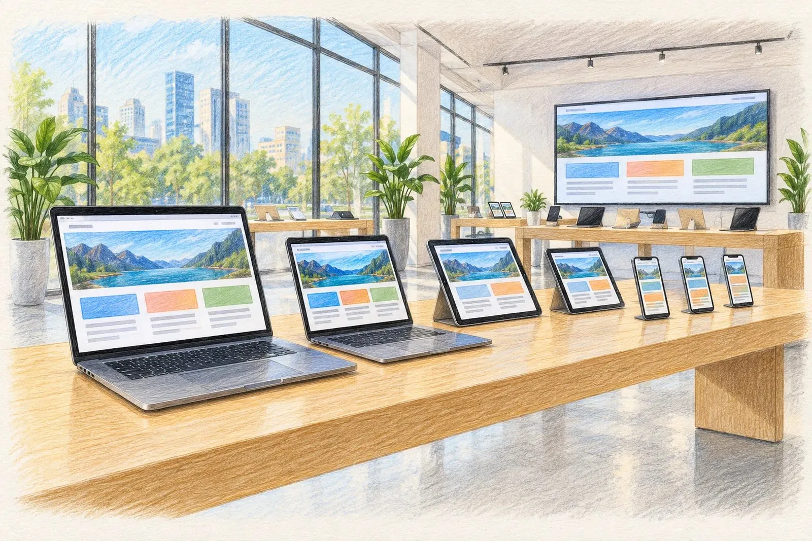 A colored pencil drawing of a bright modern electronics showroom where laptops, tablets and phones on a long wooden table and a large wall display all show the same website layout, rearranged from three columns on the widest screens to one on the phones