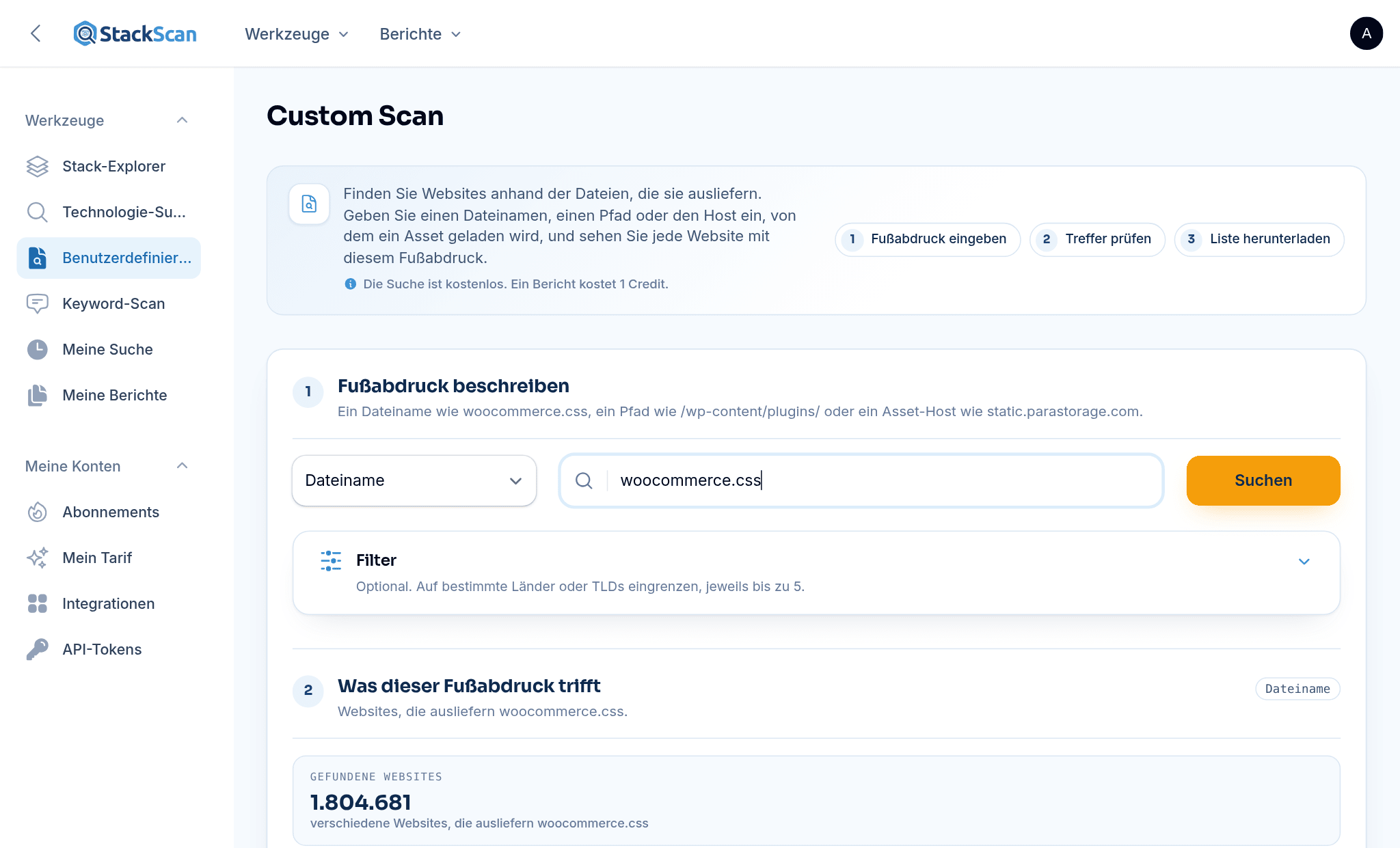 StackScan Benutzerdefinierter Scan: Suche im Asset-Index nach woocommerce.css und Finden von 1.804.681 Websites, mit einer Beispielsammlung, die Domain, Land und TLD zeigt