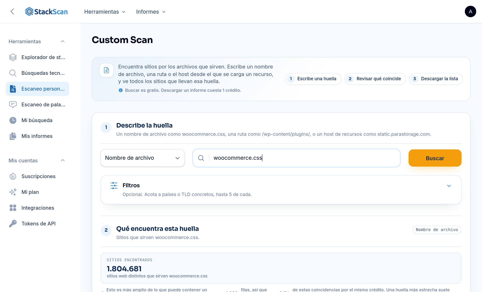 StackScan Escaneo personalizado: buscando en el índice de activos woocommerce.css y encontrando 1.804.681 sitios web, con una lista de muestra que muestra dominio, país y TLD