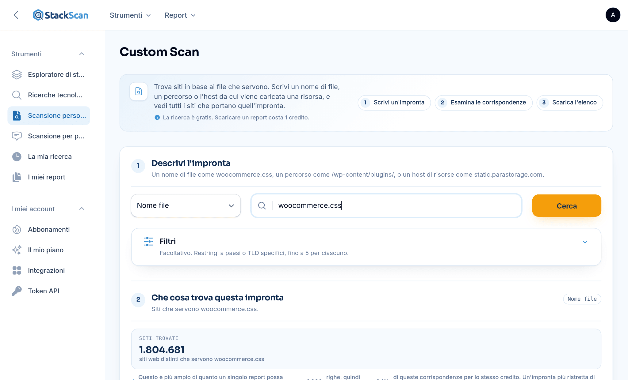 StackScan Scansione personalizzata: ricerca nell’indice degli asset per woocommerce.css e trovando 1.804.681 siti web, con un elenco di esempio che mostra dominio, paese e TLD