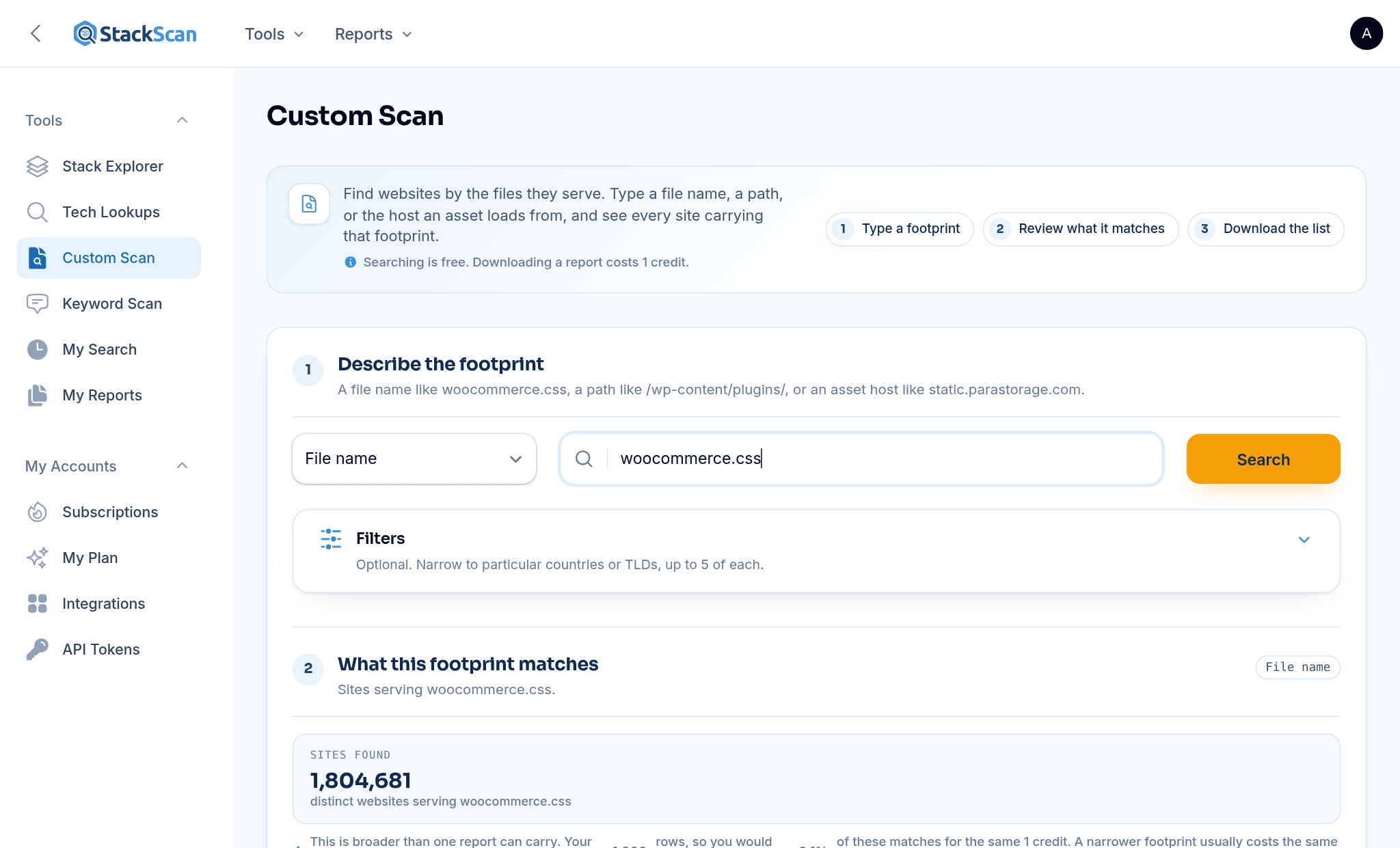 StackScan Custom Scan: searching the asset index for woocommerce.css and finding 1,804,681 websites, with a sample list showing domain, country and TLD