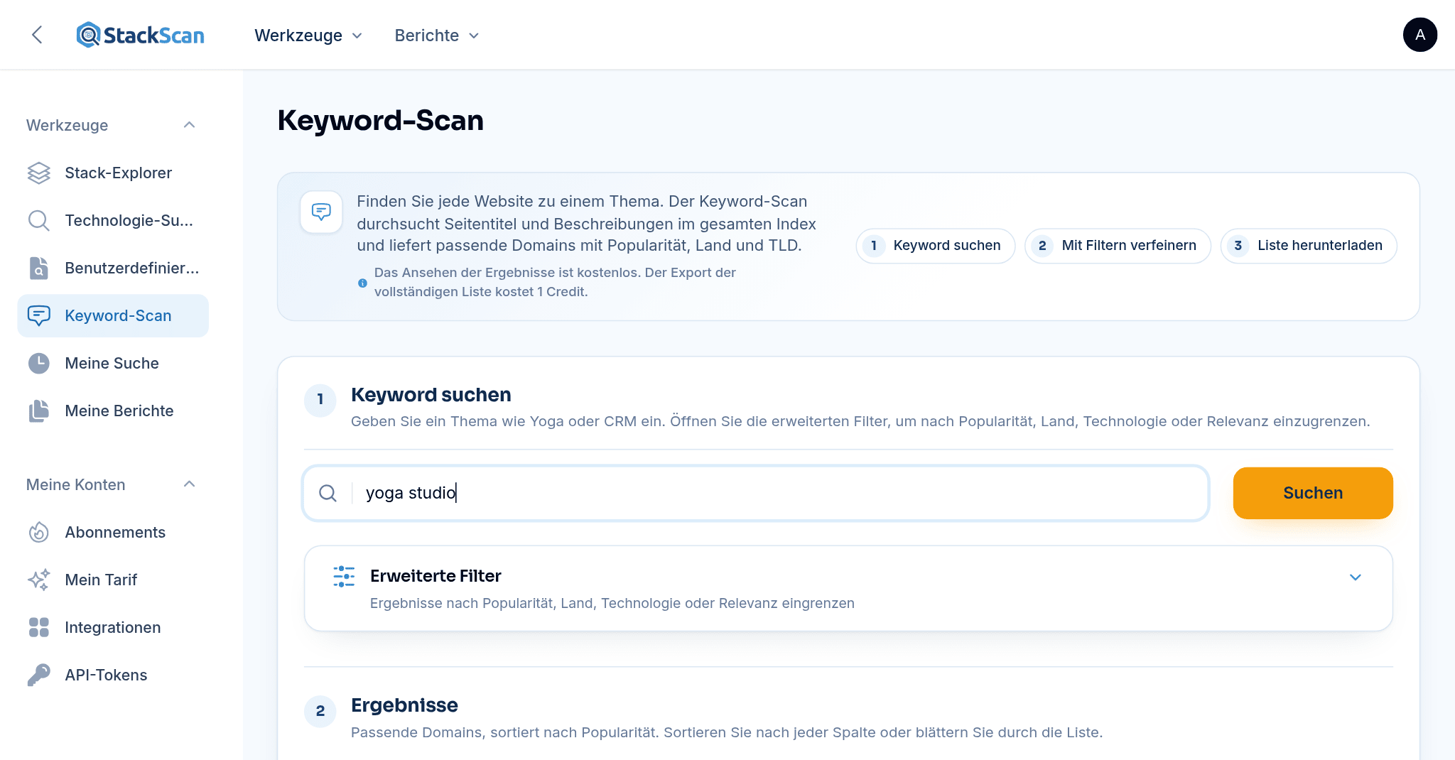 StackScan Keyword Scan: results for "yoga studio" listing matching domains with popularity rank, country and TLD