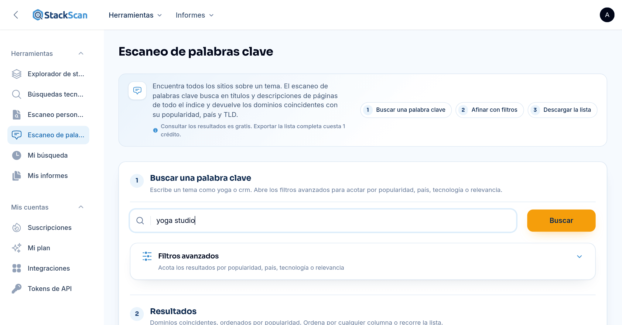 StackScan Keyword Scan: results for "yoga studio" listing matching domains with popularity rank, country and TLD