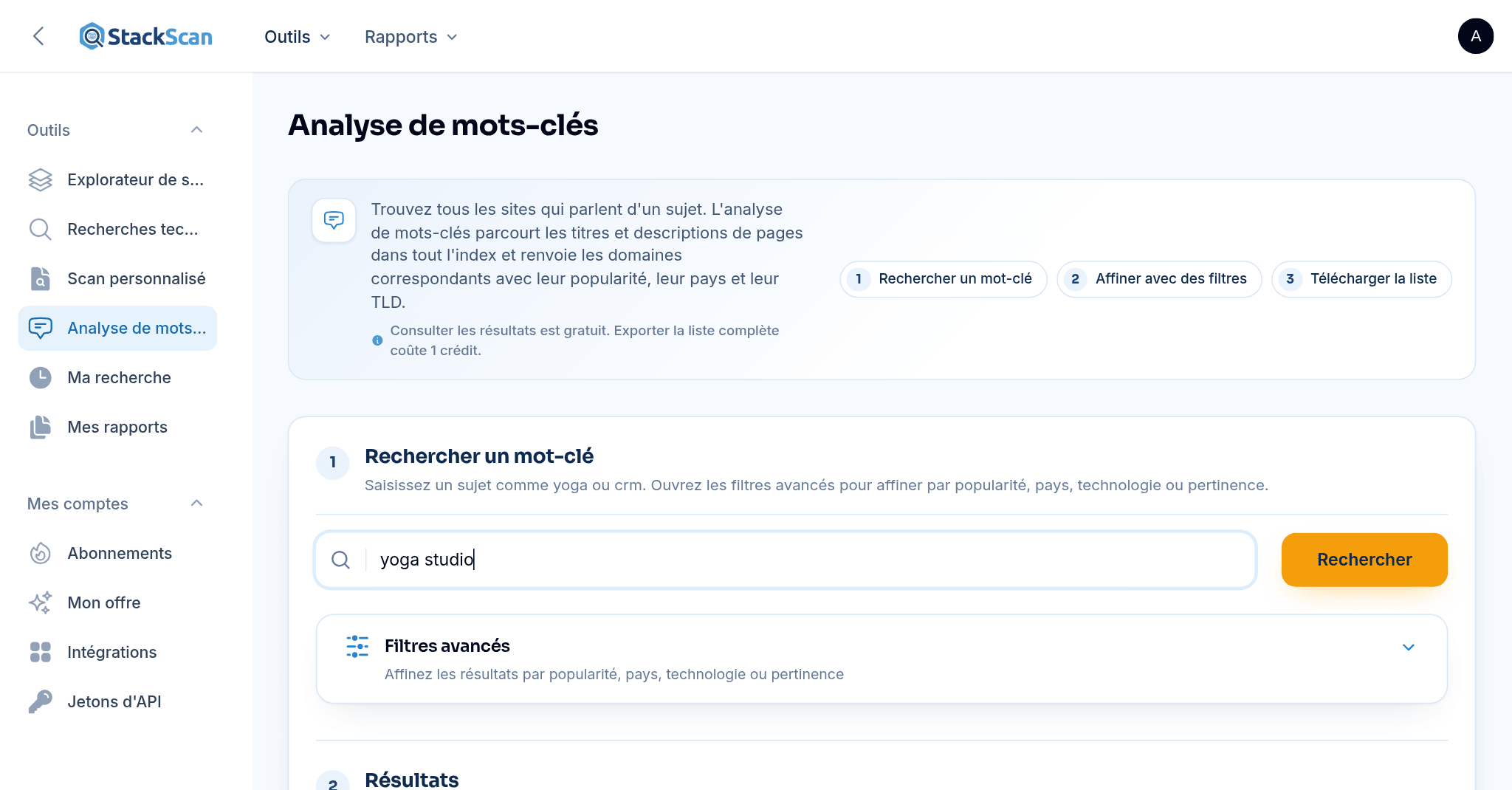 StackScan Keyword Scan: results for "yoga studio" listing matching domains with popularity rank, country and TLD