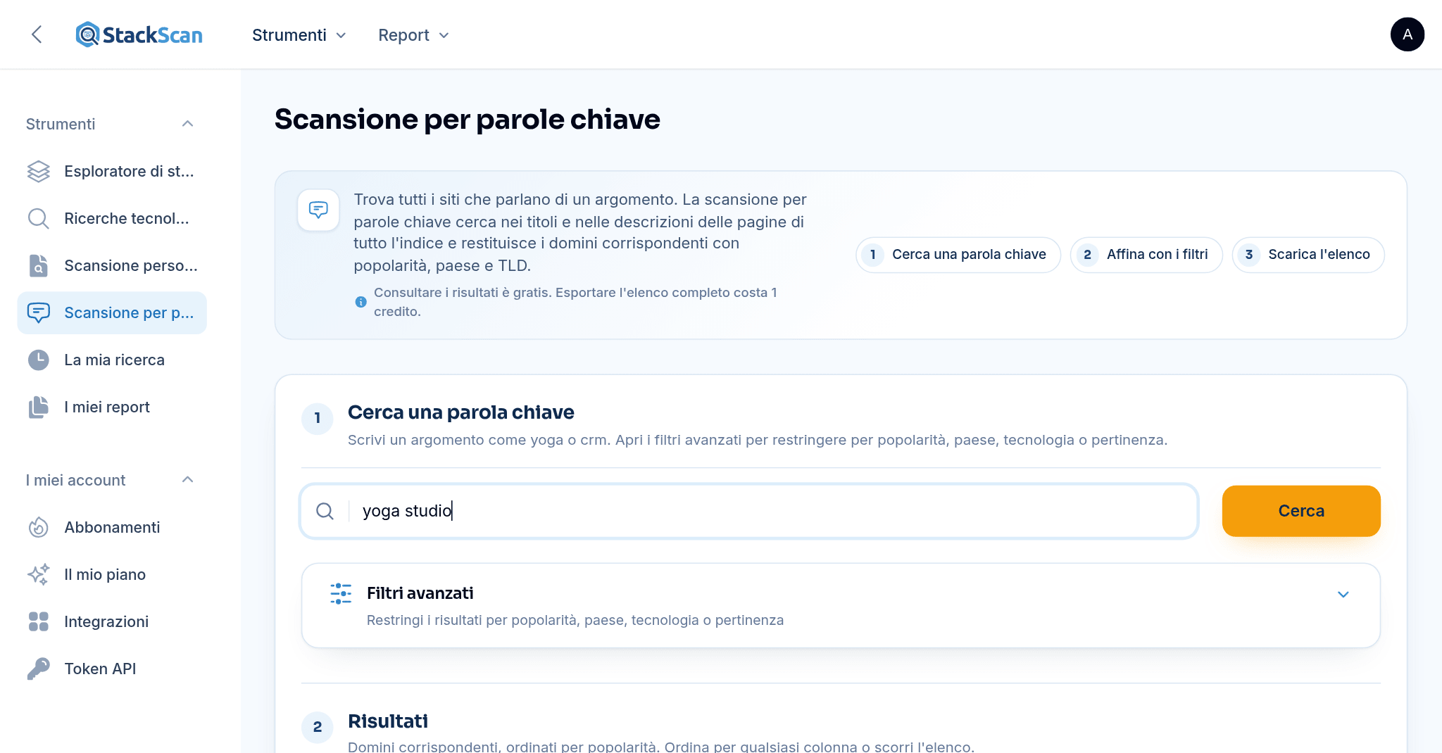 StackScan Keyword Scan: results for "yoga studio" listing matching domains with popularity rank, country and TLD
