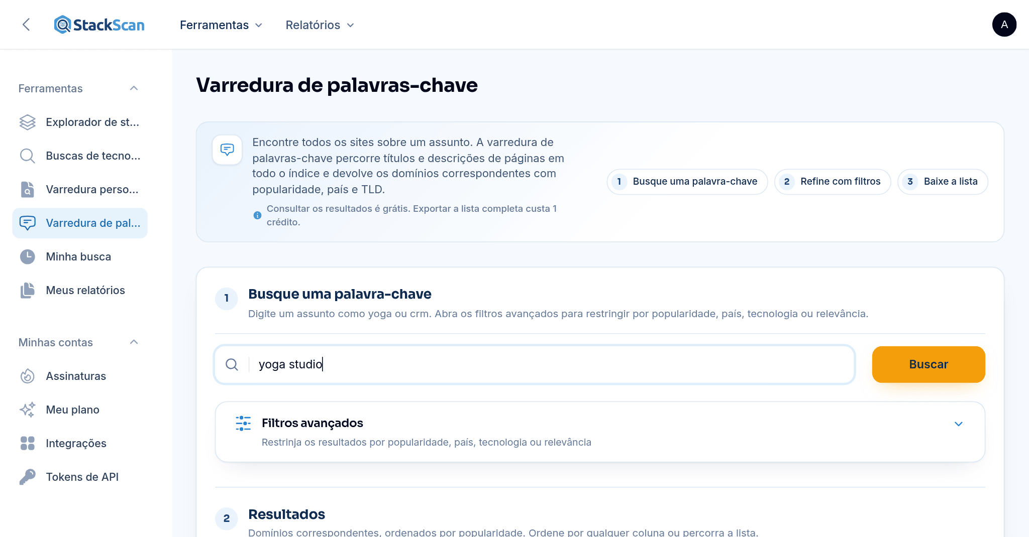 StackScan Keyword Scan: results for "yoga studio" listing matching domains with popularity rank, country and TLD
