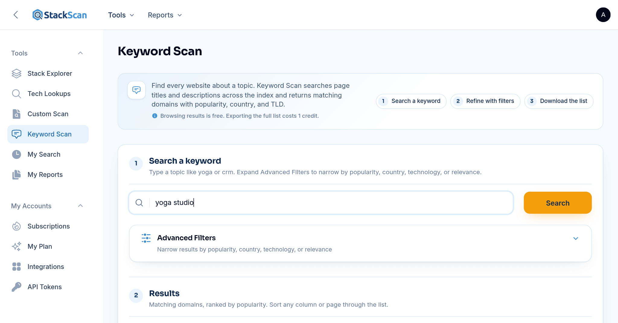 StackScan Keyword Scan: results for "yoga studio" listing matching domains with popularity rank, country and TLD