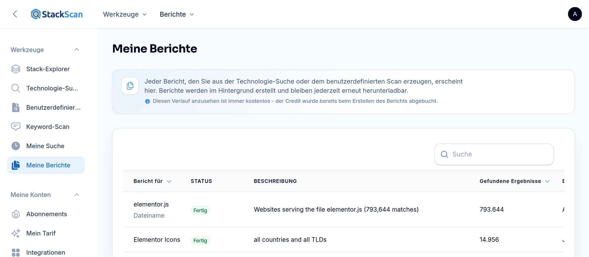 StackScan My Reports: Abgeschlossene Technologie-Suche und Benutzerdefinierter Scan Berichte mit Status, Beschreibung, Ergebnisanzahl, Datum und verwendeten Credits