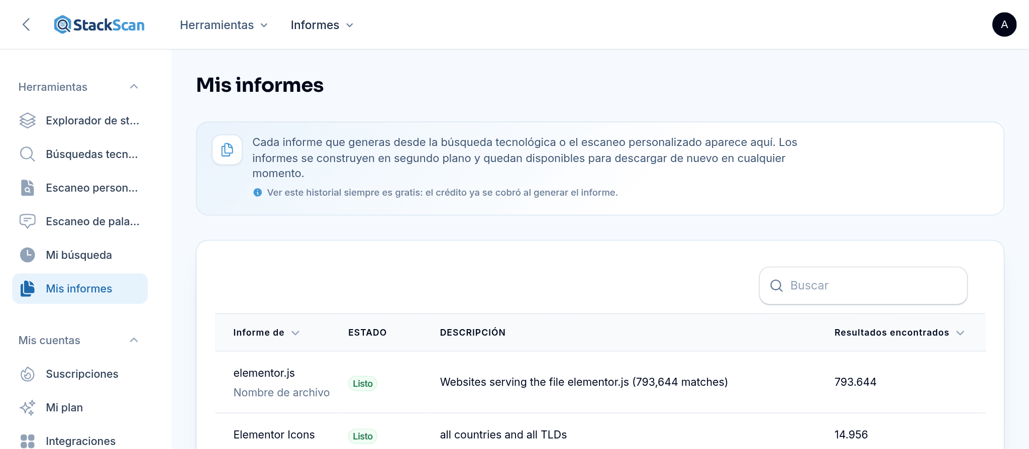 StackScan My Reports: informes de Búsqueda tecnológica y Escaneo personalizado finalizados con estado, descripción, conteo de resultados, fecha y créditos utilizados