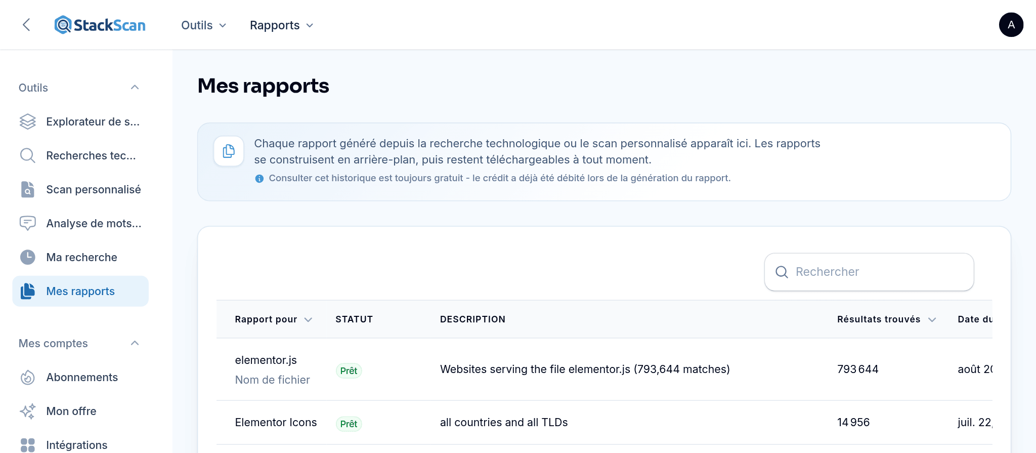 My Reports de StackScan : rapports de Recherche technologique et de Scan personnalisé terminés avec statut, description, nombre de résultats, date et crédits utilisés