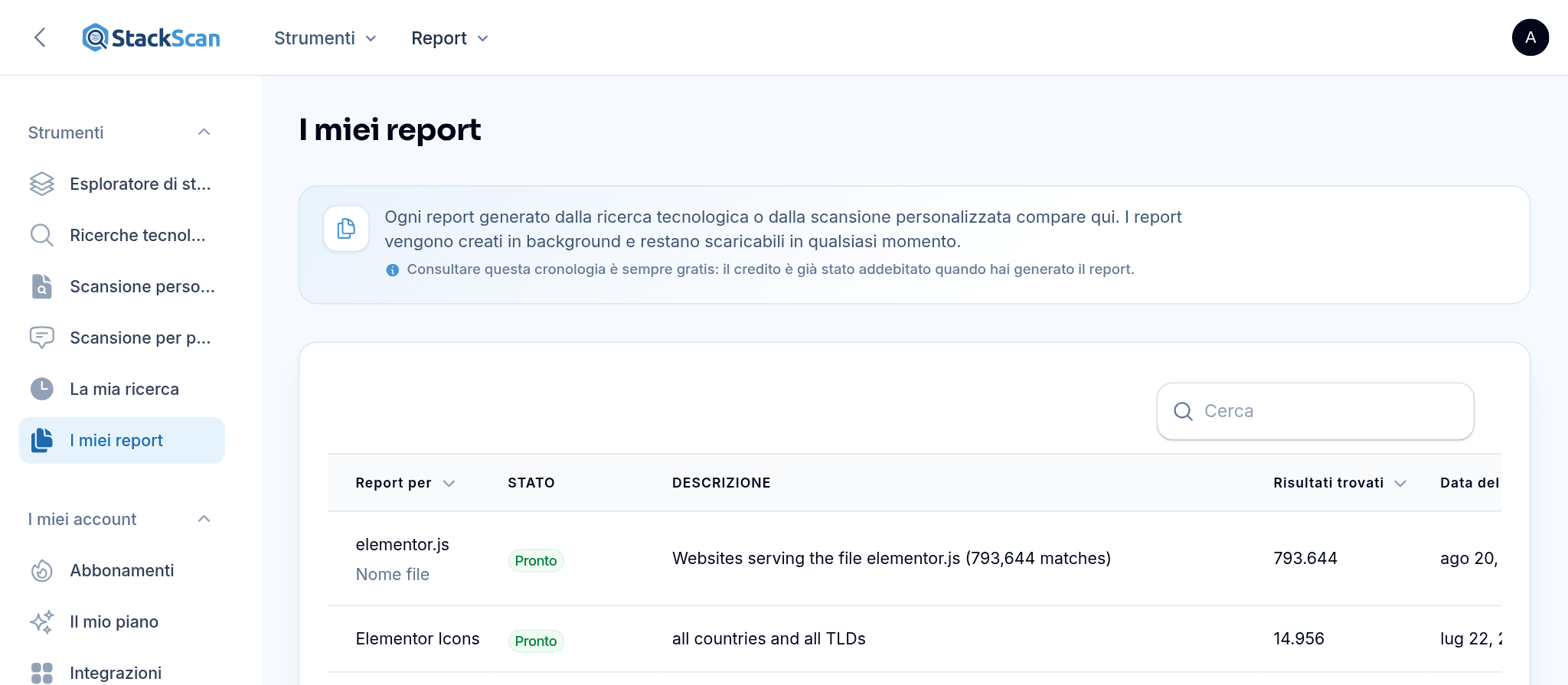StackScan My Reports: report di Ricerca tecnologica e Scansione personalizzata completati, con stato, descrizione, numero di risultati, data e crediti usati