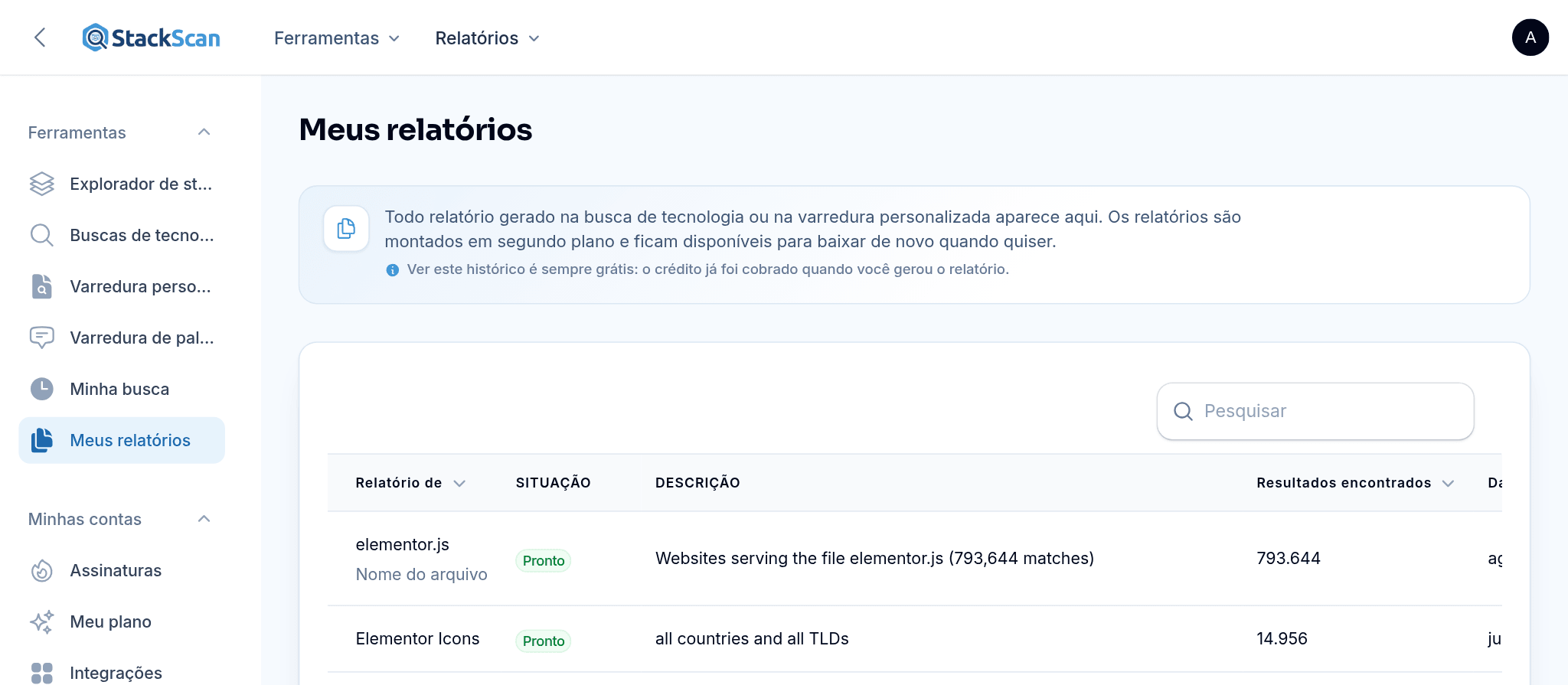 StackScan My Reports: relatórios concluídos da Busca de tecnologia e da Varredura personalizada, com status, descrição, número de resultados, data e créditos usados
