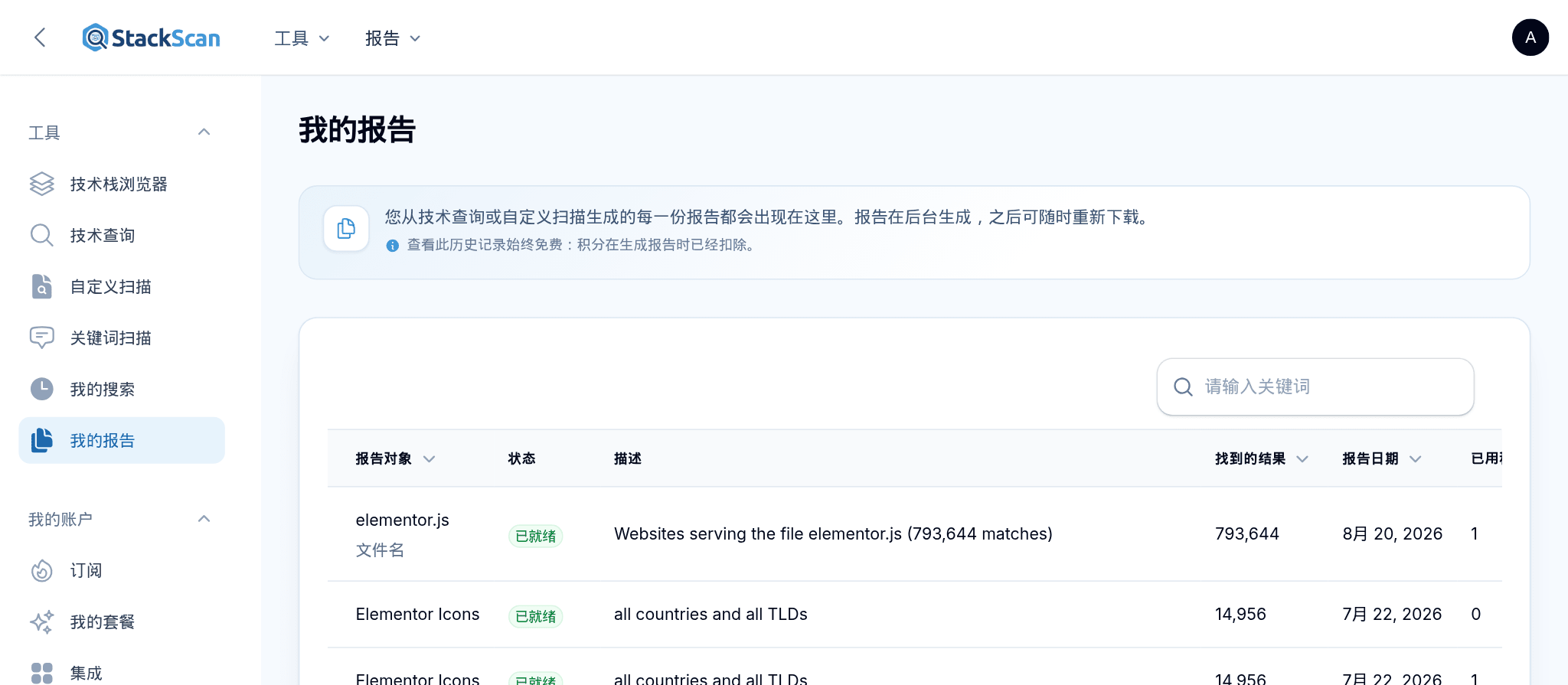 StackScan My Reports：完成的技术查询和自定义扫描报告，包含状态、描述、结果数量、日期和使用的积分