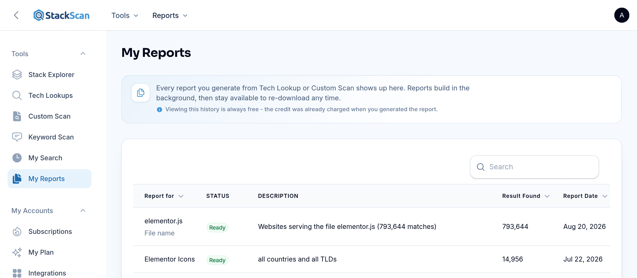 StackScan My Reports: finished Tech Lookup and Custom Scan reports with status, description, result count, date and credits used